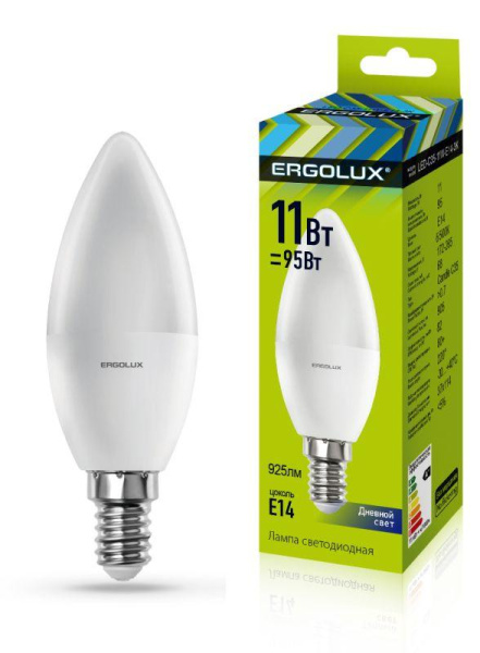 Лампа светодиодная LED-C35-11W-E14-6K 11Вт свеча матовая 6500К холод. бел. E14 220-240В Ergolux 13620