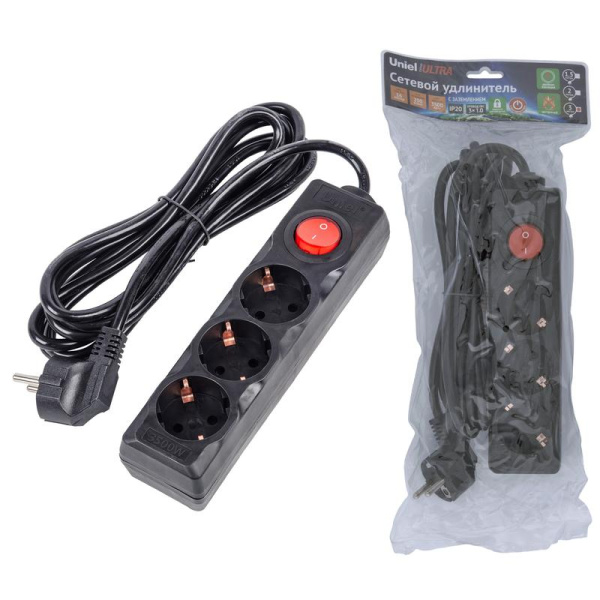 Удлинитель 3х3м с заземл. 16А Ultra S-GCU3-3B BLACK черн. Uniel UL-00010017