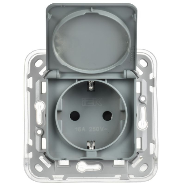 Розетка СП FLITE РСшкр11-1-44-ФлС 16А IP44 с заземл. с защ. шторками и крышкой безвинтовое крепление механизм сер. IEK FI-R16-16-1-44-K03