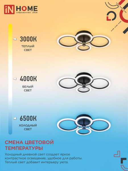 Светильник светодиодный ELEGANT BLISS-90В 90Вт 3000-4000-6500К 7000лм 230В 610х400х130мм с пультом ДУ IN HOME 4690612035451