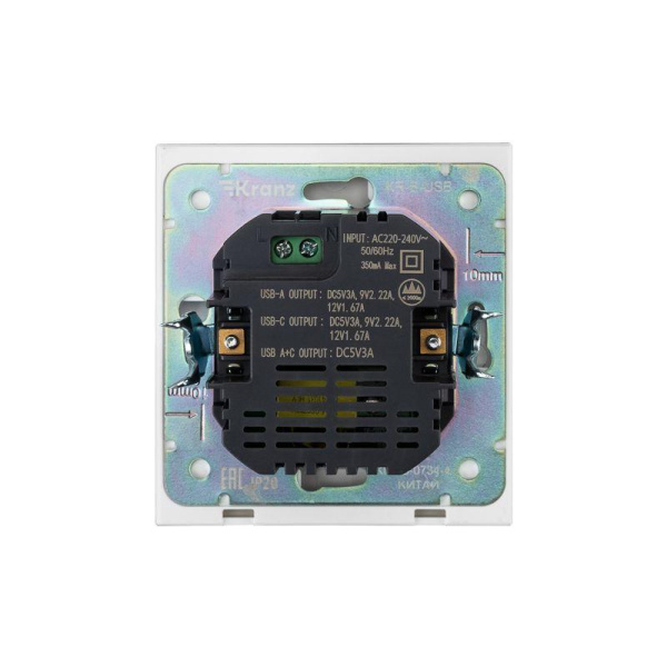 Розетка 2-м СП STRONG 16А IP20 USB-A + Type-C 3А с функцией быстрой зарядки жемчуж. Kranz KR-78-0734-4