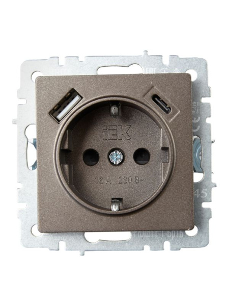 Розетка BRITE РЮш11-1-БрТБ 16А с USB A+C 18Вт с заземл. защ. шторки темн. механизм бронза IEK BR-R14-16-U22-018-K45