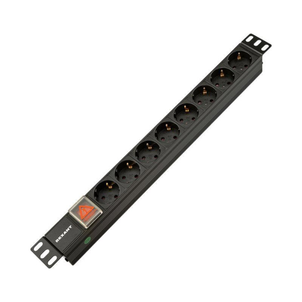 Блок распределения питания PDU 8 розеток СЕЕ 7/4 Schuko 10А выкл. гнездо C14 горизонт. корпус алюм. Rexant 04-0303-1