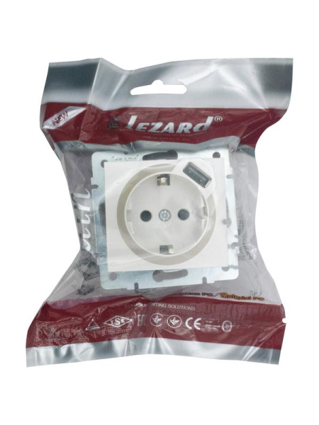 Розетка 1-м СП RAIN 16А IP20 с заземл. + USB механизм жемчуж./бел. перламутр. LEZARD 703-3088-181