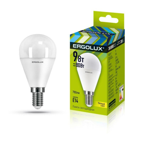 Лампа светодиодная LED-G45-9W-E14-3К 9Вт шар матовая 3000К тепл. бел. E14 220-240В Ergolux 13173