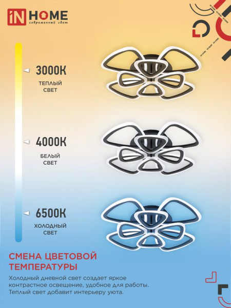Светильник светодиодный ELEGANT SANSA-120В 120Вт 3000-4000-6500К 8400лм 230В 650х650х130мм с пультом ДУ IN HOME 4690612035390