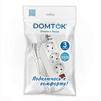 Удлинитель 3х3м с заземл. 16А IP20 3.5кВт ПВС 3х1 с выкл. бел. DOMTOK 2381