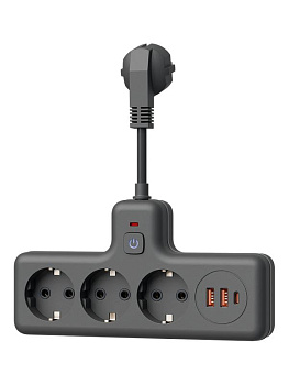 Удлинитель с сетевым фильтром 3х0.3м 10А 2USB + 1USBC 2500Вт ПВС 3х1 компакт черн. КОСМОС FRKsm0.3m-3g(B)USB