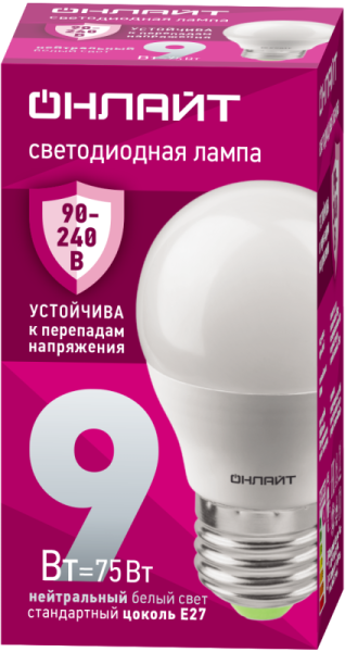 Лампа светодиодная 90 423 OLL-G45-9-230-4K-E27-FR 9Вт шар 4000К E27 90-240В PRO ОНЛАЙТ 90423