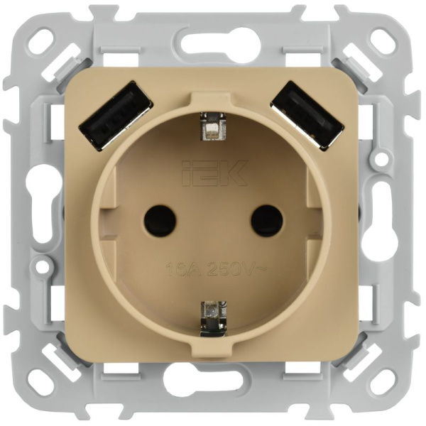 Розетка 1-м СП FLITE РСЮша11-1-ФлХ 16А с USB A+A 3.1А с заземл. с защ. шторками безвинтовое крепление механизм хаки IEK FI-R14-16-1-U21-D31-K59