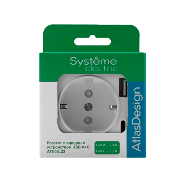 Розетка AtlasDesign 16А с 2-мя заряд. устройствами USB тип A+C 5В/2.4А 2х5В/1.2А механизм бел. SE ATN000132