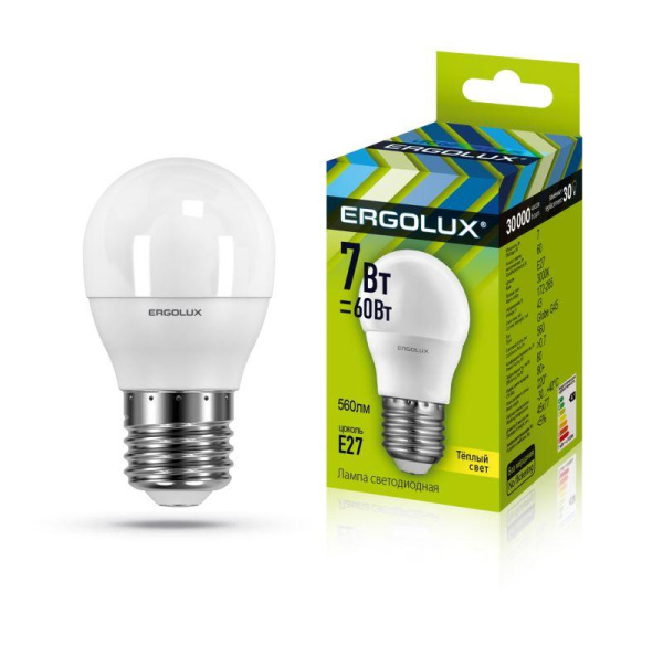 Лампа светодиодная LED-G45-7W-E27-3000K 7Вт шар матовая 3000К тепл. бел. Е27 220-240В Ergolux 12143