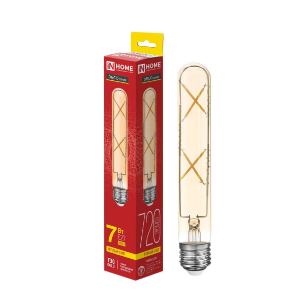Лампа светодиодная филаментная LED-T30-deco gold 7Вт золотая 3000К тепл. бел. E27 720лм 230В 185мм IN HOME 4690612050867