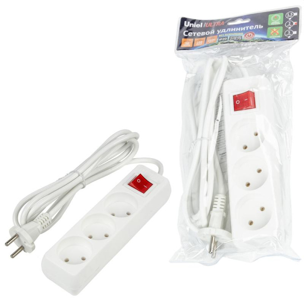 Удлинитель 3х2м без заземл. 10А Ultra S-CU3-2B WHITE бел. Uniel UL-00009994
