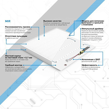 Светильник светодиодный MiR 30Вт 5000К IP40 3700лм 595х595х50мм ДВО офисный рассеив. призма GAUSS G1-A0-00070-01G03-2003550