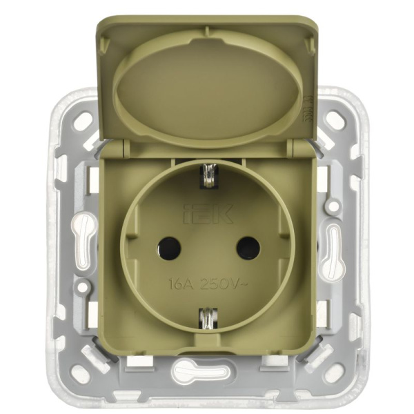 Розетка СП FLITE РСшкр11-1-44-ФлО 16А IP44 с заземл. с защ. шторками и крышкой безвинтовое крепление механизм олив. IEK FI-R16-16-1-44-K26