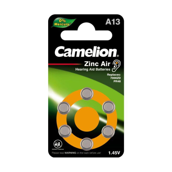 Элемент питания ZA13 Mercury Free A13-BP6 (0%Hg) 1.4В 280мА.ч для слуховых аппаратов BL-6 (блист.6шт) Camelion 12824