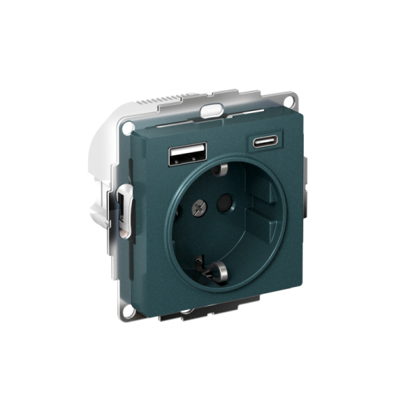 Розетка AtlasDesign 16А с 2-мя заряд. устройствами USB тип A+C 5В/2.4А 2х5В/1.2А механизм изумруд SE ATN000832