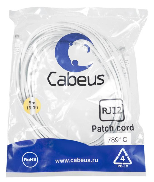 Патч-корд телефонный PC-TEL-RJ12-5m 2х6р4с PVC 5м бел. Cabeus 7891c