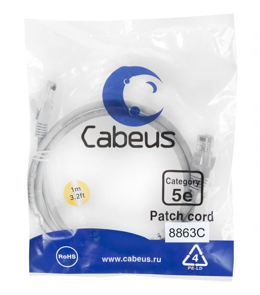 Патч-корд U/UTP кат.5E PC-UTP-RJ45-Cat.5e-1m-LSZH 2хRJ45/8p8c неэкранир. LSZH 1м сер. Cabeus 8863c