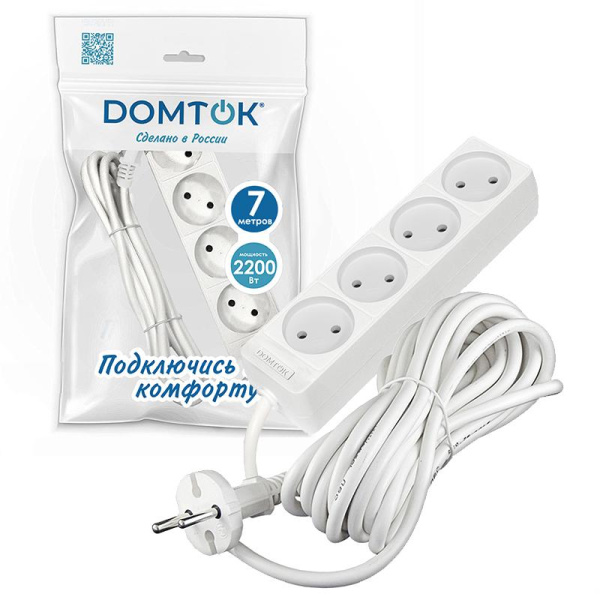 Удлинитель 4х7м без заземл. 10А IP20 2.2кВт ПВС 2х1 бел. DOMTOK 2358