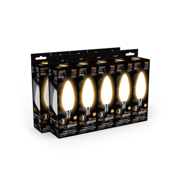 Лампа светодиодная филаментная Black Filament 9Вт свеча матовая 3000К тепл. бел. E14 590лм GAUSS 103201109