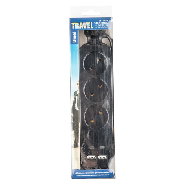 Удлинитель 3х1.8м без заземл. 2хUSB A+2xUSB type-C 10А IP20 S-CT3-1.8UC BLACK ПВС 2х1 Uniel UL-00011139