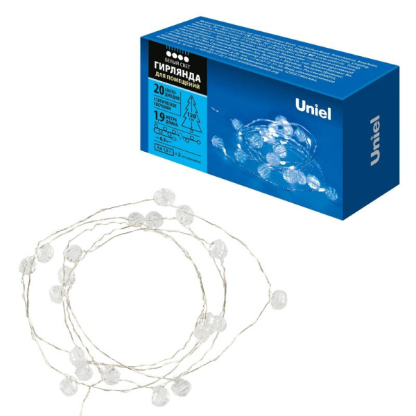 Гирлянда ULD-S1900-020/STB/2AA WHITE IP20 BEADS MINI "Бусины мини" 2AA (не в/к) 1.9м 20 LED провод прозр. Uniel UL-00008621