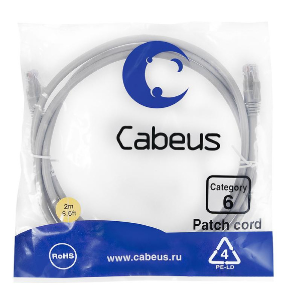 Патч-корд U/UTP кат.6 PC-UTP-RJ45-Cat.6-2m 2xRJ45/8p8c неэкранир. PVC 2м сер. Cabeus 7268c