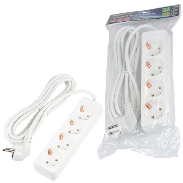 Удлинитель 4х3м с заземл. 16А Ultra S-GCU4-3 WHITE бел. Uniel UL-00010006