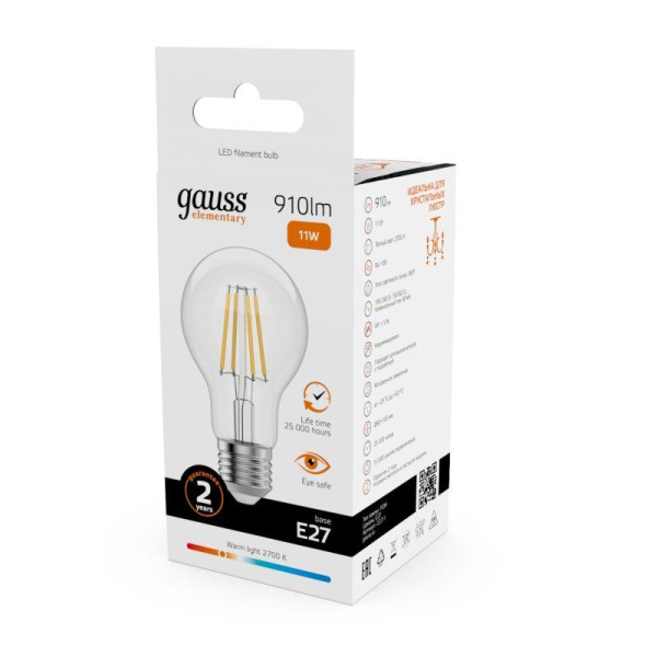 Лампа светодиодная филаментная Filament Elementary А60 11Вт 2700К Е27 910лм GAUSS 22211