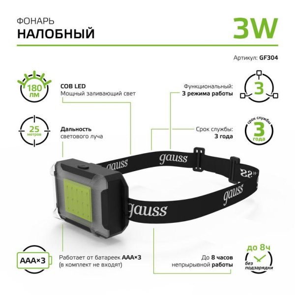 Фонарь налобный GFL 3Вт 180лм IP33 элементы питания 3хAAA GAUSS GF304