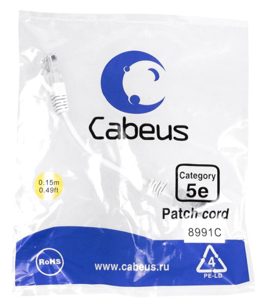 Патч-корд U/UTP кат.5E PC-UTP-RJ45-Cat.5e-0.15m-WH 2xRJ45/8p8c неэкранир. PVC 0.15м бел. Cabeus 8991c