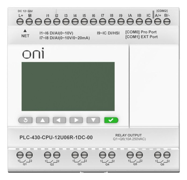 Модуль ЦПУ ПЛК 430 4 DI 6 UI (0-10В/DI) 2 UI (0-10В/0-20мА/DI) 6 RO 24В DC с Ethernet портом с экраном ONI PLC-430-CPU-12U06R-1DC-00
