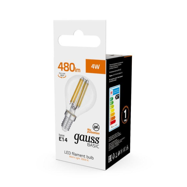 Лампа светодиодная филаментная Basic Filament 4Вт Шар 3000К E14 480лм GAUSS 50512142