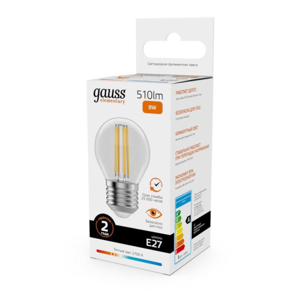 Лампа светодиодная филаментная Filament Elementary 8Вт шар 2700К Е27 510лм GAUSS 52218