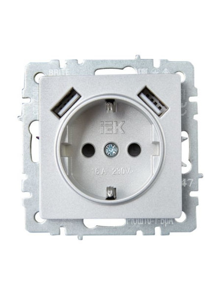 Розетка BRITE РЮш10-1-БрА 16А с USB A+A 2.1А с заземл. защ. шторки механизм алюм. IEK BR-R14-16-U21-D21-K47