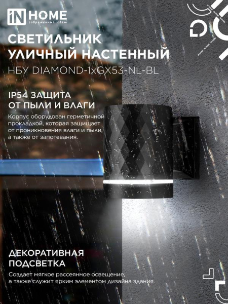 Светильник НБУ DIAMOND-1хGX53-NL-BL IP65 уличный настен. односторон. под лампу 1хGX53 алюм. черн. IN HOME 4690612052861