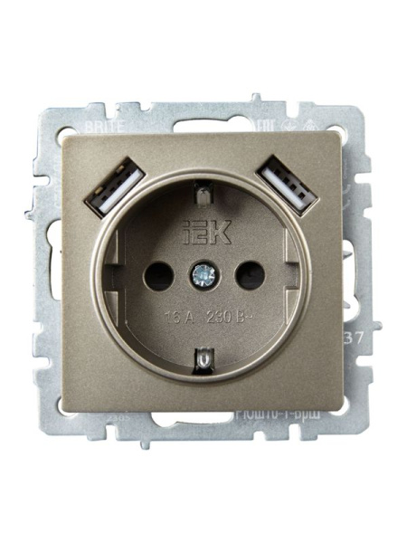 Розетка BRITE РЮш10-1-БрШ 16А с USB A+A 2.1А с заземл. защ. шторки механизм шампань IEK BR-R14-16-U21-D21-K37