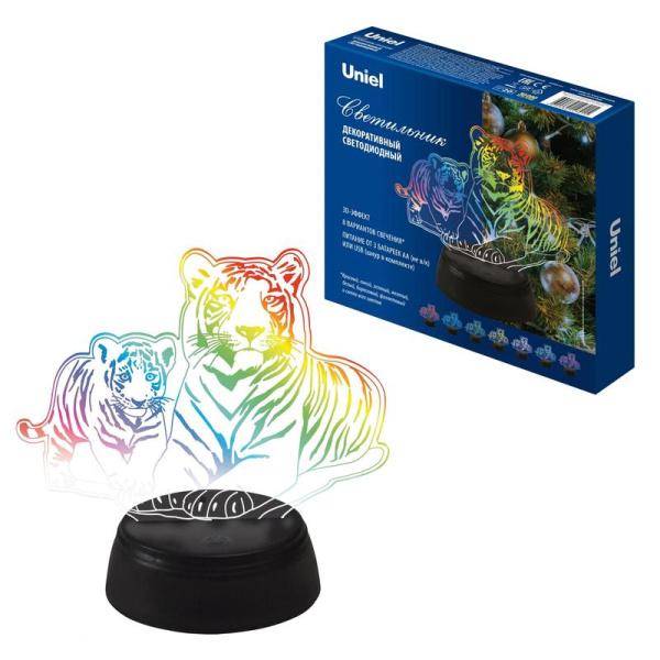 Светильник декоративный ULI-M508 RGB/3AA TIGER FAMILY/BLACK с эффектом 3D "Семья тигров" 3AA (не в/к) 1 светодиод RGB свет Uniel UL-00008403