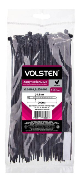 Хомут V02-1B-4.8х200-100 4.8х200 нейл. черн. (уп.100шт) Volsten 12963