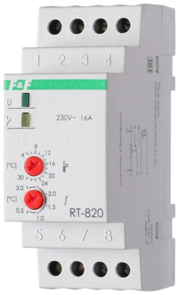 Регулятор температуры RT-820 (от +4 до +30 град.C; с выносным датчиком в комплекте; 2 модуля; монтаж на DIN-рейке; 50-264В AC 16А 1NO/NC IP20) F&F EA07.001.001