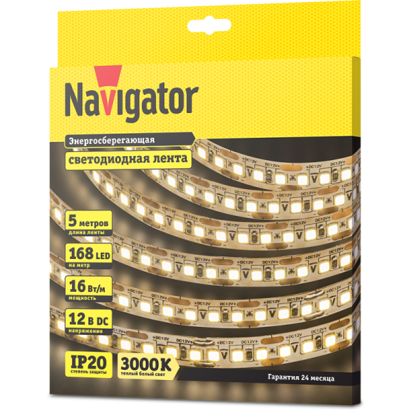 Лента светодиодная 14 457 NLS-2835WW168-16-IP20-12V (уп.5м) NAVIGATOR 14457