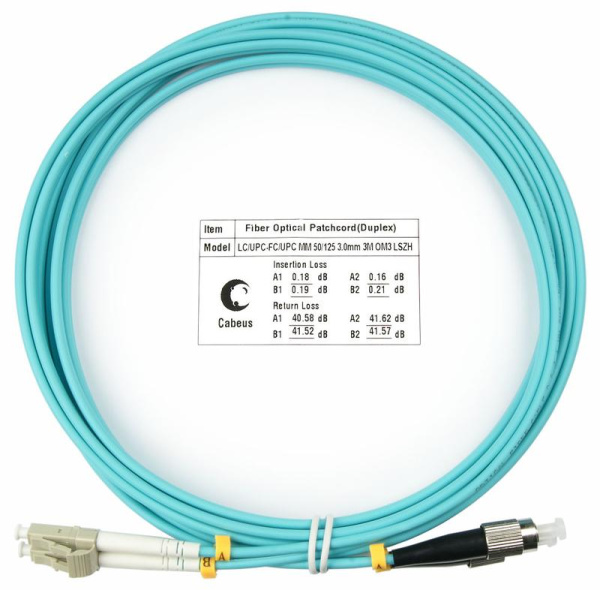 Шнур оптический FOP-50-LC-FC-3m duplex LC-FC 50/125мм OM3 3м LSZH Cabeus 7572c