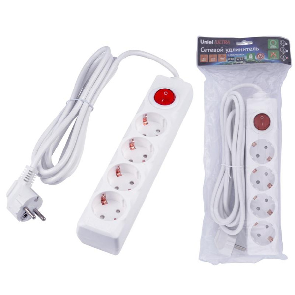 Удлинитель 4х3м с заземл. 16А Ultra S-GCU4-3B WHITE бел. Uniel UL-00010022
