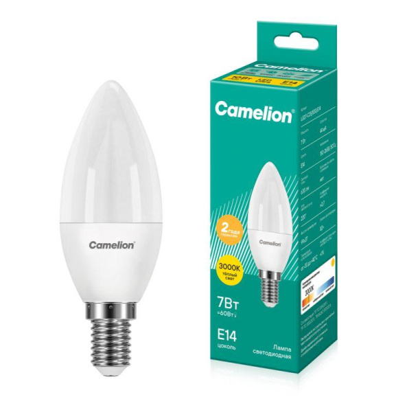 Лампа светодиодная LED7-C35/830/E14 7Вт свеча матовая 3000К тепл. бел. E14 580лм 220В Camelion 12073