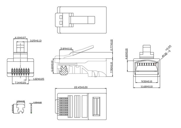 Коннектор RJ45 (8P8C) под витую пару кат.5E универс. для ОЖ и МЖ кабеля для проводников с толщ. по изоляции до 1.05 мм Cabeus 7009c