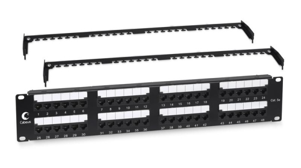 Патч-панель 19дюйм 2U 48 портов RJ45 кат.5E Dual IDC с задн. кабельн. организатором Cabeus 10656c