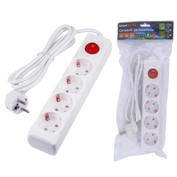 Удлинитель 4х1.5м с заземл. 16А Ultra S-GCU4-1.5B WHITE бел. Uniel UL-00010021