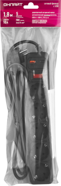 Фильтр сетевой 5х1.8м 10А IP20 90 883 OSP-USB-05-180-ESC-3х0.75-BL черн. ОНЛАЙТ 90883